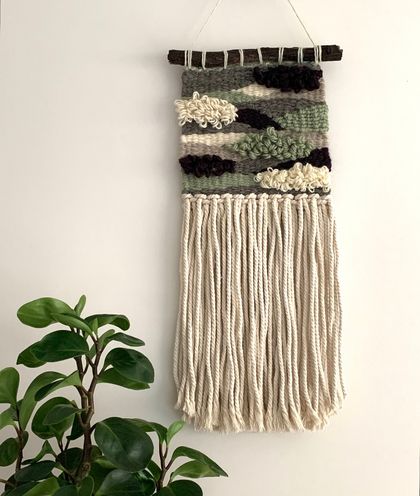 Woven Wall hanging - mossy green, cream and burgundy